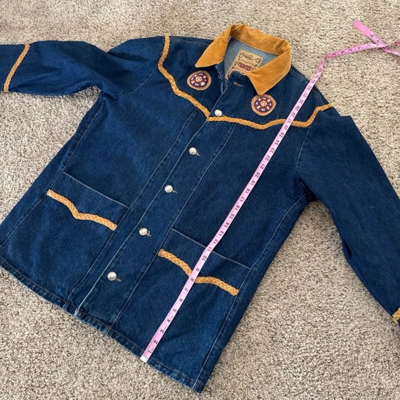 Frontier Collection Phoenix USA Denim Beaded Leather detail Chore Coat sz Large - Picture 10 of 12